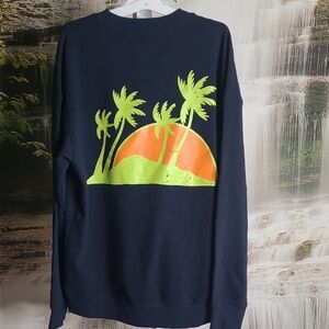 New! Original Use Mens Medium Navy Blue Sweatshirt with Neon Palm Tree Design